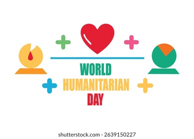 Vector banner with “World Humanitarian Day” text and icons of love, support, and global unity. Editable layers, bright color palette, white background. Perfect for campaigns and awareness visuals.