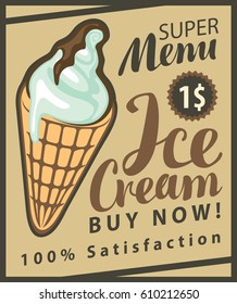 vector banner with ice cream and inscriptions on retro style