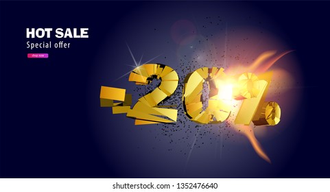 vector banner with icon discount 20% burning flame