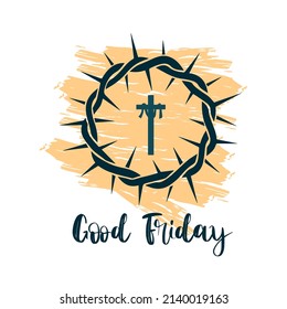 Vector banner, icon or emblem with cross inside a crown of thorns. Religious illustration on the theme of Easter and Good Friday.