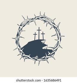 Vector banner, icon or emblem with mount Calvary and three crosses inside a crown of thorns. Religious illustration on the theme of Easter and Good Friday