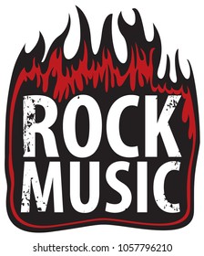 Vector banner or icon with the inscription Rock music in the fire. Creative lettering for t-shirt in modern style