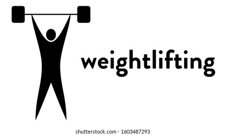 Vector banner with an icon of a strong muscular weightlifter lifting the barbell over his head with text headline. Modern flat weightlifting icon, pictogram