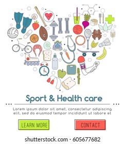 Vector banner of icons for your web design. Banner includes icons of healthy food and sport. Healthy lifestyle concept in flat design.
