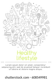 Vector banner of icons for your web design. Banner includes icons of healthy food and sport. Healthy lifestyle concept.