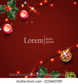Vector banner illustration. advertisement template. Square background in red with christmas balls, lights and sparkles.