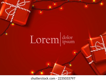 Vector banner illustration. advertisement template. Red flyer with lights and gift boxes.