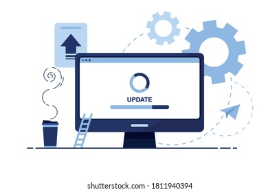 Ilustración vectorial de marketing empresarial. Mantenimiento. Lugar de trabajo en casa, en la oficina. Computadora, PC. Actualización, descarga, mejoras. Página de pantalla. Preferencias, software. Azul. Eps 10