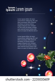 Vector banner illustration. Celebration flye with lights and candles.
