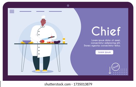 Cartel vectorial de la cocina del chef en el restaurante. Especialista en cocina masculina con uniforme, gorra las verduras para ensalada. Diseño planilla página web café, comedor, catering, publicidad de entrega de alimentos