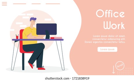 Vector banner illustration of comfortable workplace at office. Man sits at desk, working on computer. 