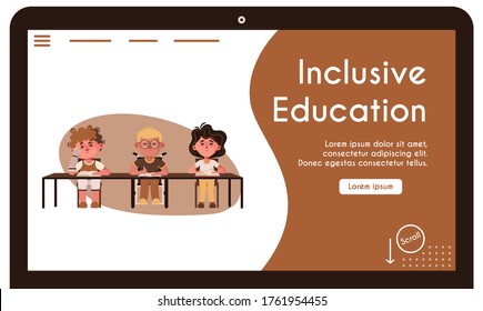 Vector banner illustration of disabled children at school. Handicapped boys and girl sitting desk at lesson in classroom. Handicapped childhood, inclusive education, diversity, accessibility concept