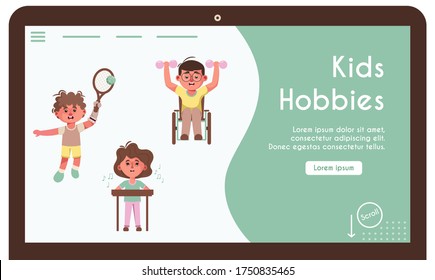 Vector banner illustration of disabled kids do hobbies. Boy in wheelchair with dumbbells. Guy with prosthetic arm playing tennis. Girl keyboard player. Adaptation handicapped children, talents, skills