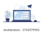 Vector banner illustration of email marketing. Workplace at home, in the office. Laptop. Paper airplane. Completed application form for the site. Filling out documents. Monitor screen. Blue. Eps 10