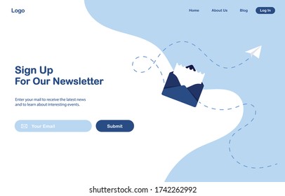 Vector banner illustration of email marketing. Subscription to newsletter, news, offers, promotions. A letter in an envelope. Buttons template. Subscribe, submit. Send by mail. Blue and White. Eps 10