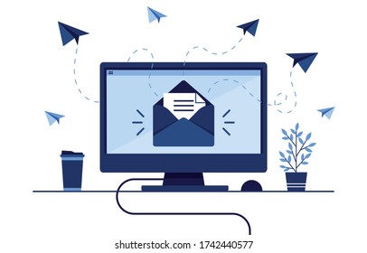 Vector banner illustration of email marketing. Workplace at home, in the office. Computer, PC. Mailbox with a letter and envelope. Receive and send messages. Paper airplane. Blue. Eps 10