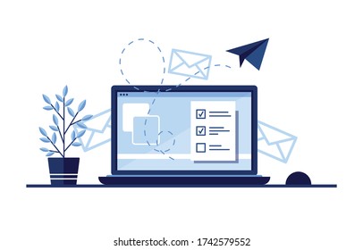 Vector Banner Illustration Of Email Marketing. Workplace At Home, In The Office. Laptop. Paper Airplane. Completed Application Form For The Site. Filling Out Documents. Monitor Screen. Blue. Eps 10