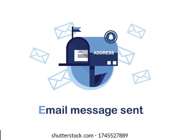 Ilustración vectorial de marketing por correo electrónico. Suscripción a boletín, noticias, ofertas, promociones. Buzón con una carta y sobre. Enviar a la dirección del destinatario. Mensaje enviado. Azul. Eps 10