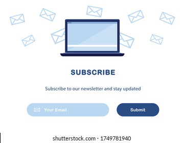 Vector banner illustration of email marketing. Subscription to newsletter, news, offers, promotions. Computer, laptop Buttons template. Subscribe, submit. Send by mail. Blue and White. Eps 10