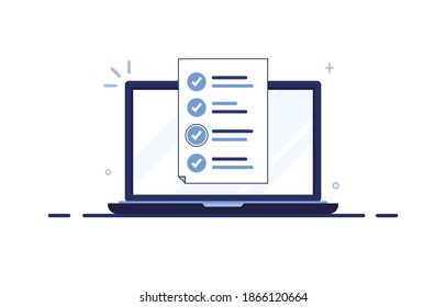 Ilustración vectorial de marketing por correo electrónico. Lugar de trabajo en casa, en la oficina. Portátil. Formulario de aplicación completado para el sitio. Llenando documentos. Pantalla Monitor. Azul. Eps 10