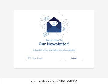 Vector banner illustration of email marketing. Subscription to newsletter, news, offers, promotions. A letter in an envelope. Buttons template. Subscribe, submit. Send by mail. Blue and White. Eps 10