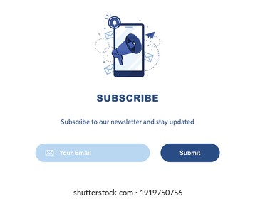 Vector banner illustration of email marketing. Subscription to newsletter, news, offers, promotions. A letter in an envelope. Buttons template. Subscribe, submit. Send by mail. Blue and White. Eps 10