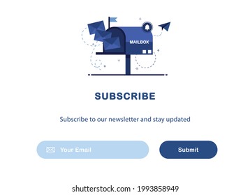 Vector banner illustration of email marketing. Subscription to newsletter, news, offers, promotions. Mailbox with letters. Buttons template. Subscribe, submit. Send by mail. Blue and White. Eps 10