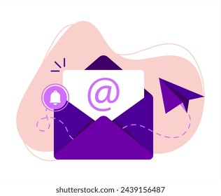 Vector banner illustration of email marketing  message concept. Letter, sheet in an envelope, checkmark. Sending application. Receive News. Filled document. Alert and bell. Vector 10eps.