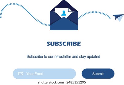 Vector banner illustration of email marketing. Subscription to newsletter, news, offers, promotions. A letter in an envelope. Buttons template. Subscribe, submit. Send by mail. Blue and White. Eps 8