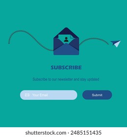 Vector banner illustration of email marketing. Subscription to newsletter, news, offers, promotions. A letter in an envelope. Buttons template. Subscribe, submit. Send by mail. 
 Eps 8
