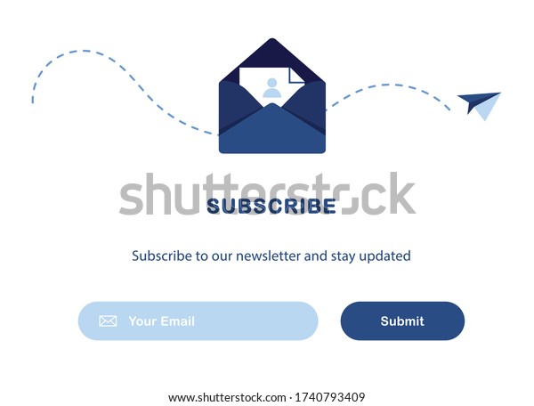 Vector banner illustration of email marketing.\
Subscription to newsletter, news, offers, promotions. A letter in\
an envelope. Buttons template. Subscribe, submit. Send by mail.\
Blue and White. Eps 10
