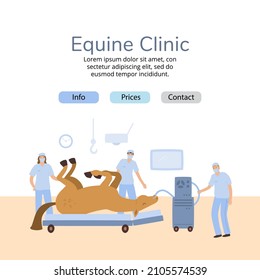 vector banner with illustration of equine colic surgery, team of veterinarian surgeons are standing in the clinic