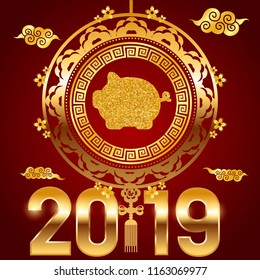 Vector banner with a illustration of funny porky, symbol of 2019 on the Chinese calendar. Yellow Earthy Pig, chine lucky. Element for New Year's design. Used for advertising, greetings, discounts.