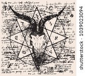 Vector banner with illustration of goat skull and pentagram on the background of old papyrus or manuscript with magical inscriptions, symbols and spots in grunge style