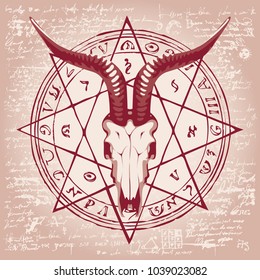 Vector banner with illustration of goat skull and pentagram with magical inscriptions and symbols on the background of old papyrus or manuscript with spots in retro style