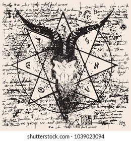 Vector banner with illustration of goat skull and pentagram on the background of old papyrus or manuscript with magical inscriptions, symbols and spots in grunge style