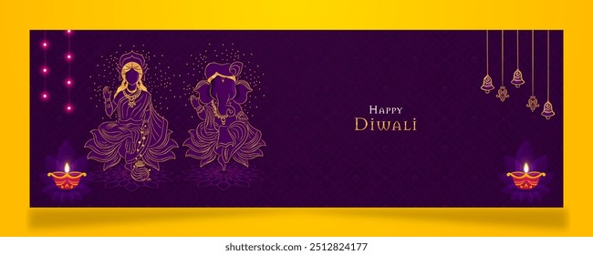 Vector Banner Illustration of Goddess Lakshmi and Lord Ganesha for Happy Diwali. Design for Banner or Header with copy space.