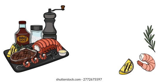 Vector banner illustration of grilled steak, lobster tail, shrimp skewers, lemon, and BBQ sauce