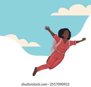 Vector banner with illustration happy African woman jumping with parachute and place for text. Flat style postcard with copy space. Skydiver soars in clouds. Extreme sport and hobby.