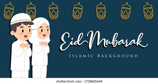 Vector Banner Illustration Of Happy Kids Celebrate For Eid Mubarak