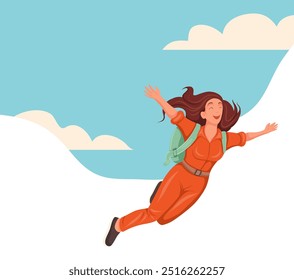 Vector banner with illustration happy woman jumping with parachute and place for text. Flat style postcard with copy space. Skydiver soars in clouds. Extreme sport. 