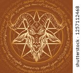 Vector banner with illustration of the head of a horned goat and pentagram inscribed in a circle. The symbol of Satanism Baphomet on the background of old manuscript written in a circle in retro style