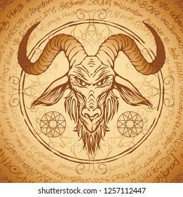 Vector banner with illustration of the head of a horned goat and pentagram inscribed in a circle. The symbol of Satanism Baphomet on the background of old manuscript written in a circle in retro style