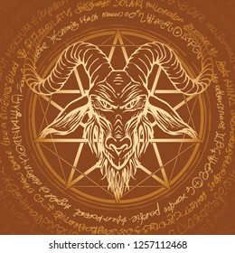 Vector banner with illustration of the head of a horned goat and pentagram inscribed in a circle. The symbol of Satanism Baphomet on the background of old manuscript written in a circle in retro style