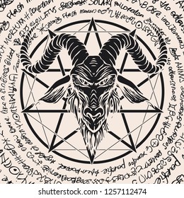 Vector banner with illustration of the head of a horned goat and pentagram inscribed in a circle. The symbol of Satanism Baphomet on the background of old manuscript written in a circle in retro style