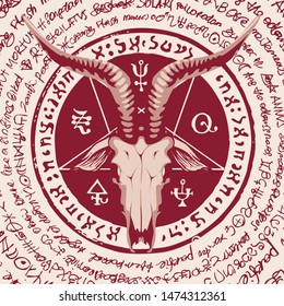 Vector banner with illustration of the head of a horned goat and pentagram inscribed in a circle. The symbol of Satanism Baphomet on the background of old manuscript written in a circle in retro style