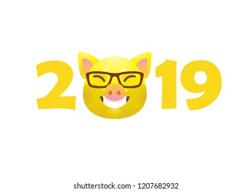 Vector banner with a illustration of kawaii pig, symbol of 2019 on the Chinese calendar on white backdrop. Yellow Earthy Porky, chine lucky. Element for New Year's design.Used for greetings, discounts