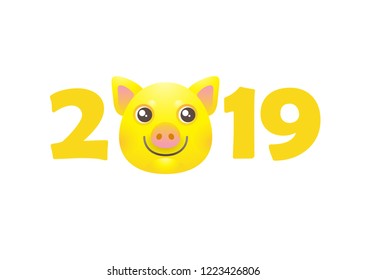 Vector banner with a illustration of kawaii pig, symbol of 2019 on the Chinese calendar on white backdrop. Yellow Earthy Porky, chine lucky. Element for New Year's design. Used for greetings, discount