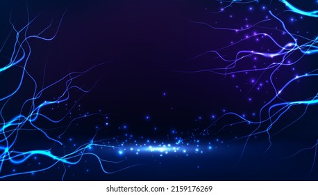 Vector banner illustration lightning of thunder  in abstract blue background with neon sparkles and light.