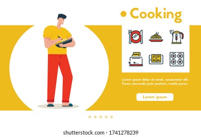 Vector banner illustration of man cooking at home. Man whips dish ingredients in plate. Homemade baking, cooking. Color linear icon set - cookware, kettle, toaster, stove, recipe book, pasta dish